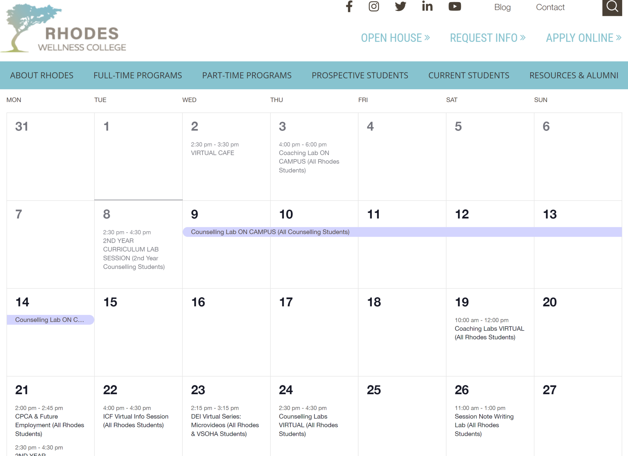 Calendar Rhodes Wellness College